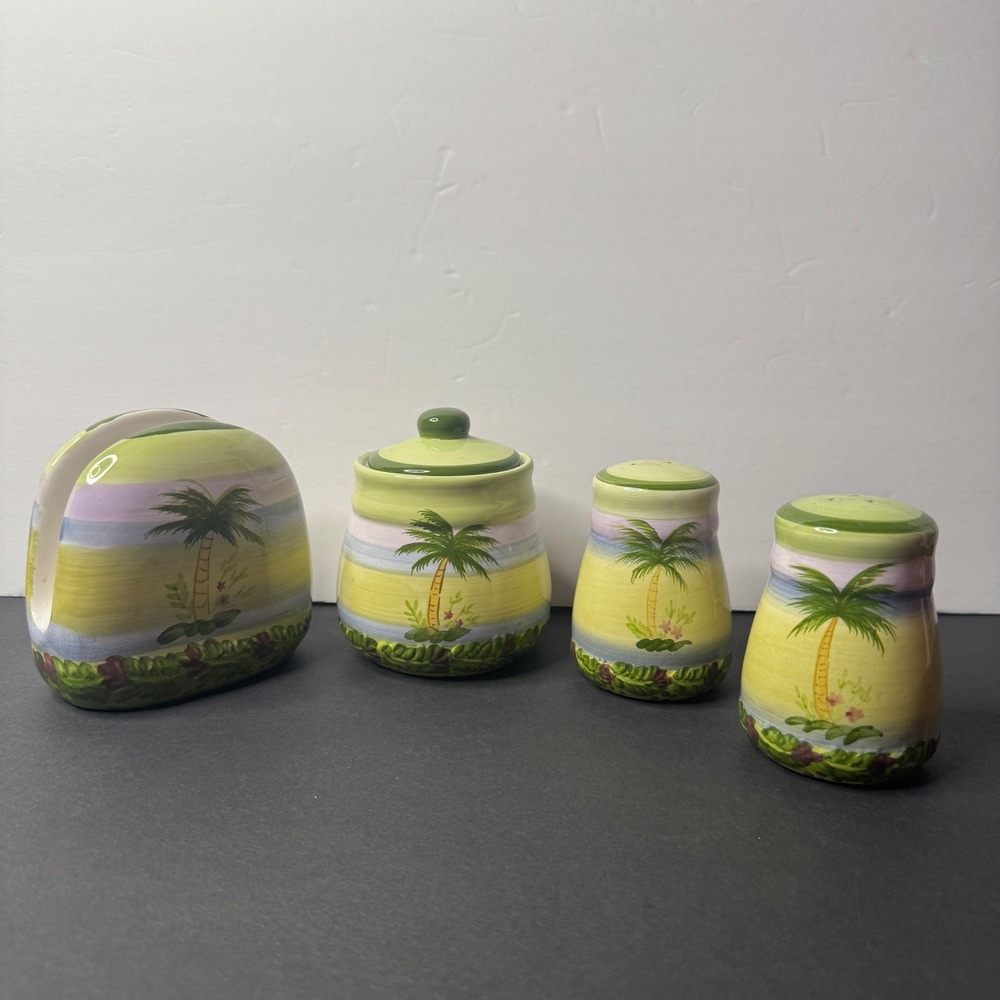Alco Industries Palm Tree Ceramic Napkin Holder Sugar Jar Salt Pepper Shaker Set